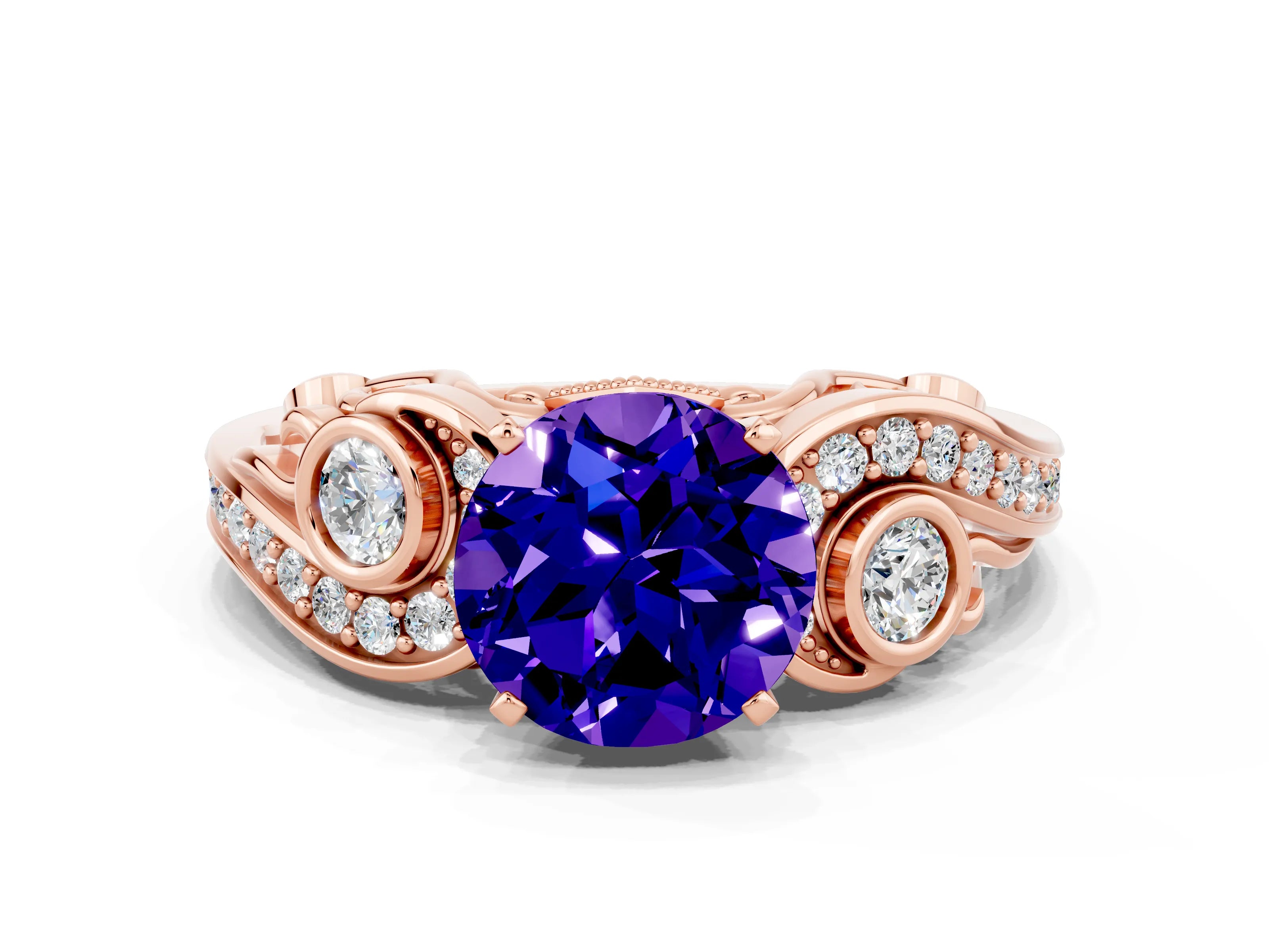 Rose gold Round Cut Tanzanite Solitaire Ring with Milgrain Pavé Band and Four-Prong Setting_24