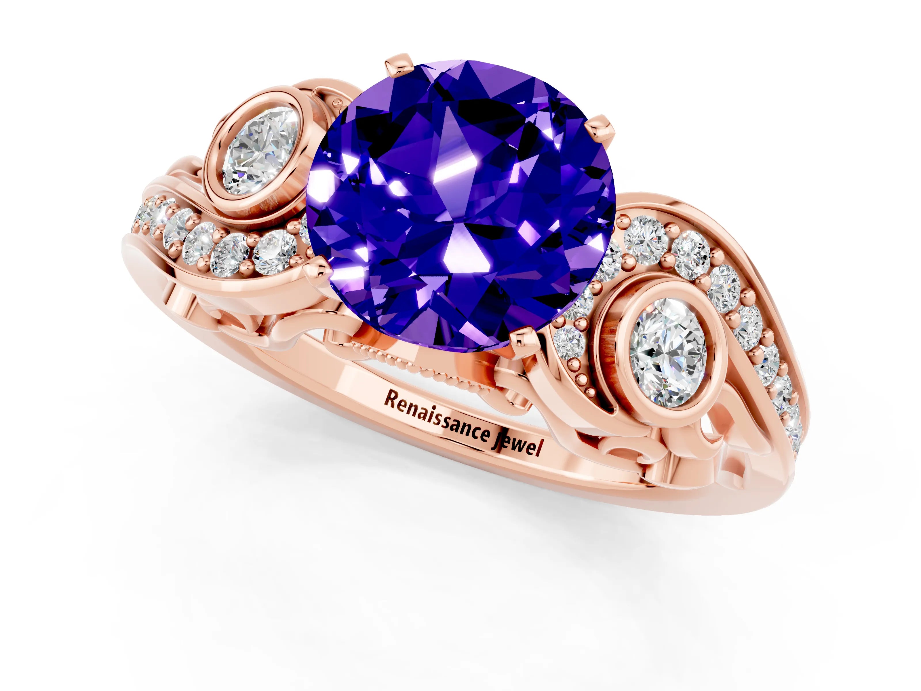 Rose gold Round Cut Tanzanite Solitaire Ring with Milgrain Pavé Band and Four-Prong Setting_25