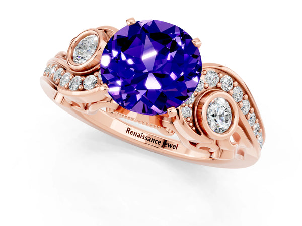 Rose gold Round Cut Tanzanite Solitaire Ring with Milgrain Pavé Band and Four-Prong Setting