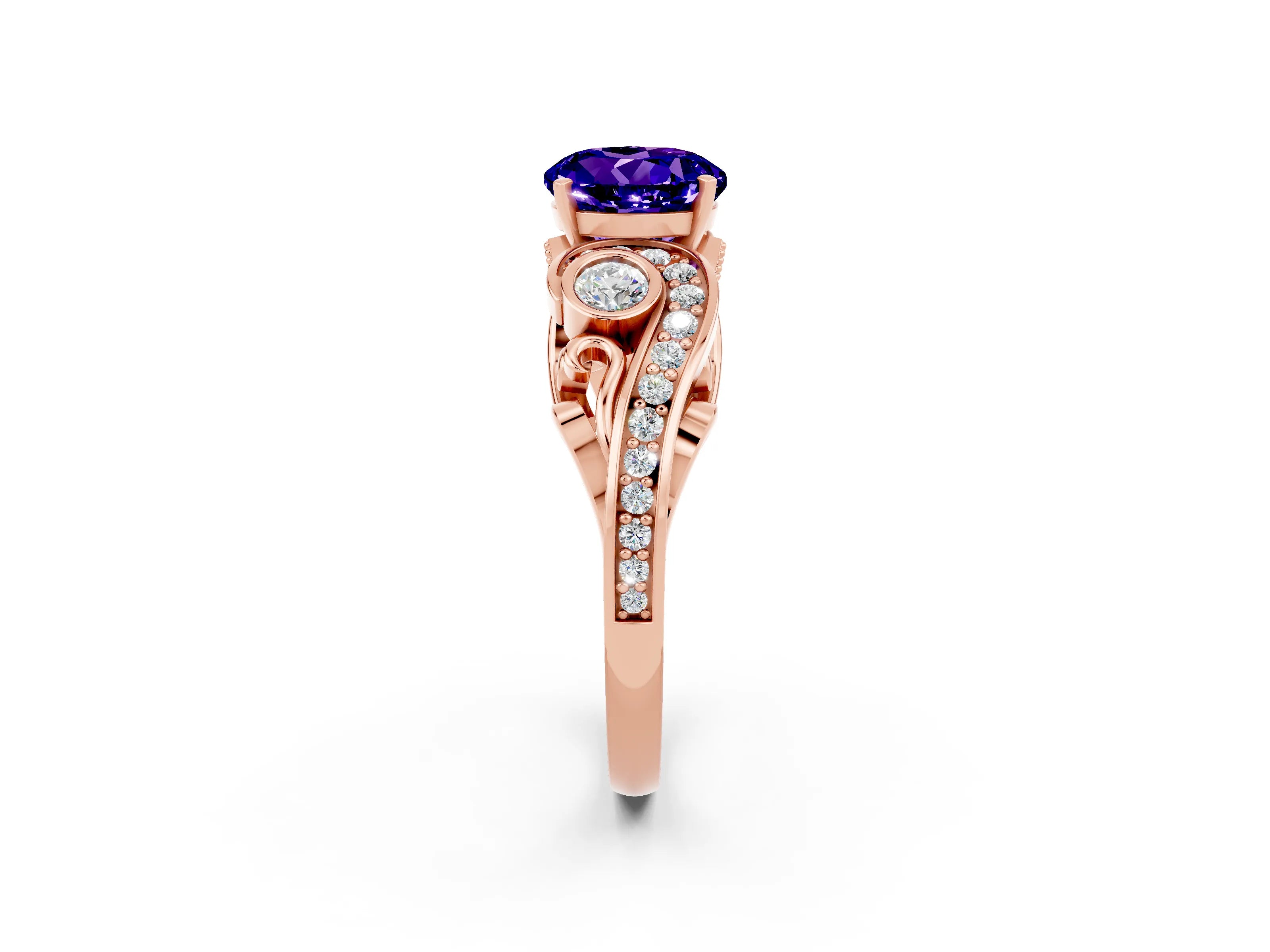 Rose gold Round Cut Tanzanite Solitaire Ring with Milgrain Pavé Band and Four-Prong Setting_26