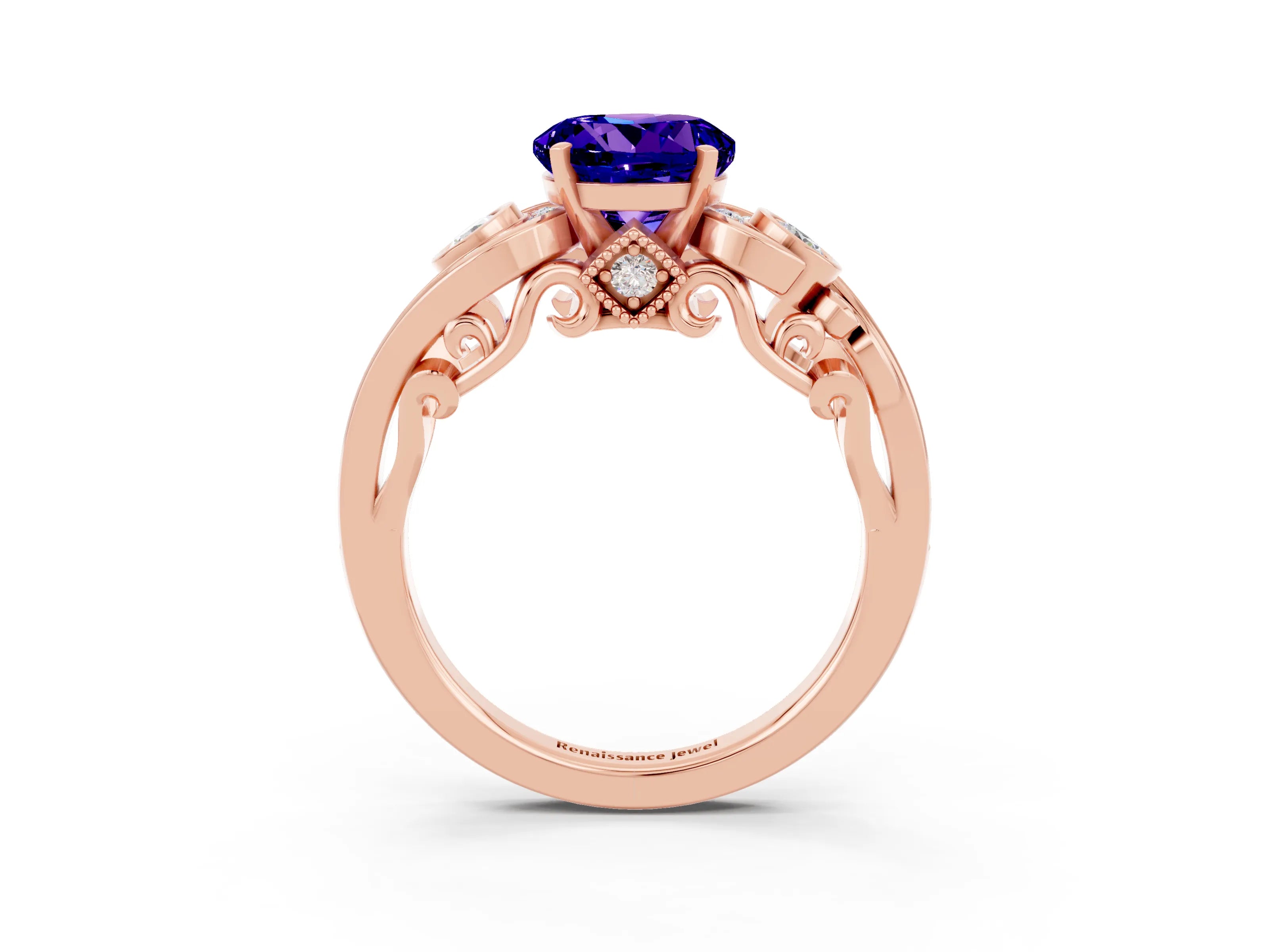 Rose gold Round Cut Tanzanite Solitaire Ring with Milgrain Pavé Band and Four-Prong Setting_27