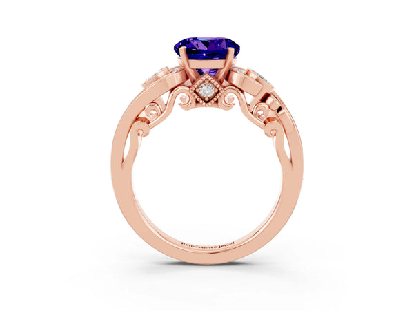 Rose gold Round Cut Tanzanite Solitaire Ring with Milgrain Pavé Band and Four-Prong Setting