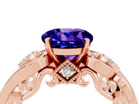 Rose gold Round Cut Tanzanite Solitaire Ring with Milgrain Pavé Band and Four-Prong Setting_28