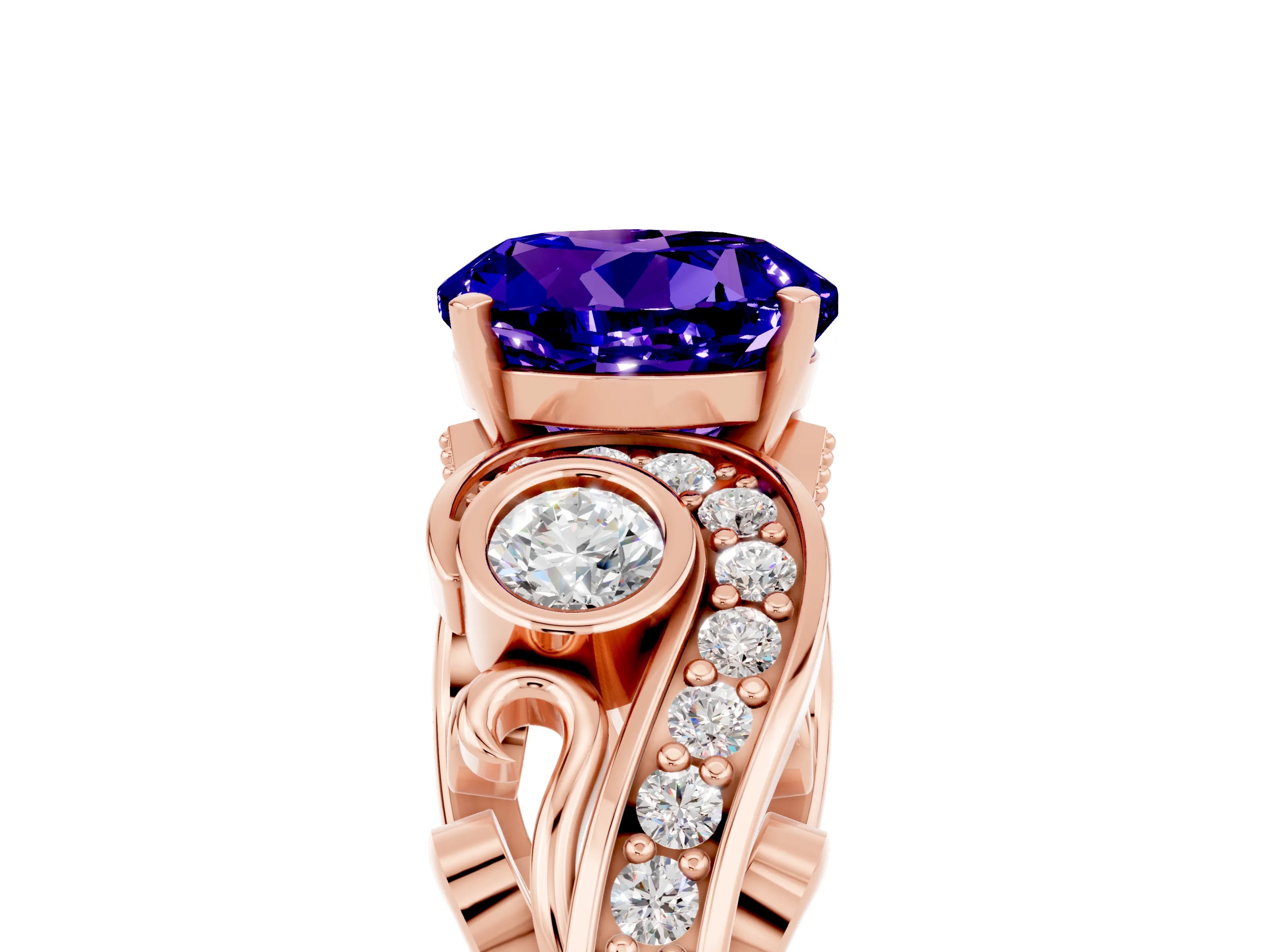 Rose gold Round Cut Tanzanite Solitaire Ring with Milgrain Pavé Band and Four-Prong Setting_29