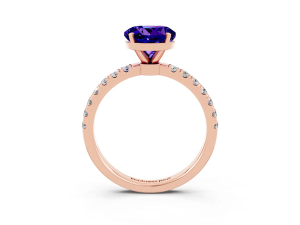 Rose gold Round Cut Tanzanite Solitaire Ring with Pavé Accents and Four-Prong Setting