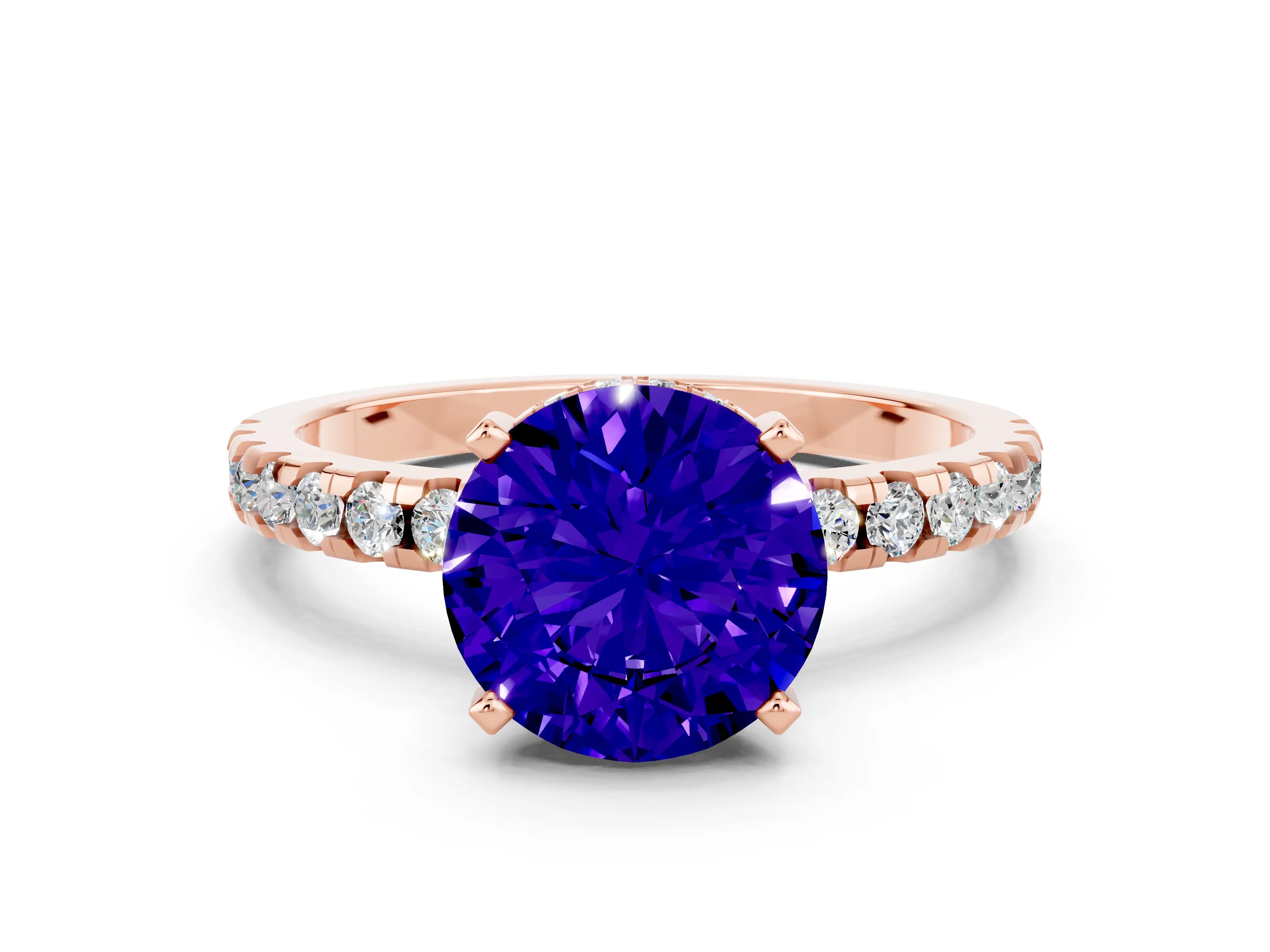 Rose gold Round Cut Tanzanite Solitaire Ring with Pavé Band and Four-Prong Setting_24