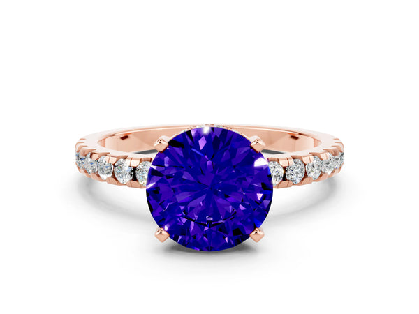 Rose gold Round Cut Tanzanite Solitaire Ring with Round  Pavé Band and Four-Prong Setting