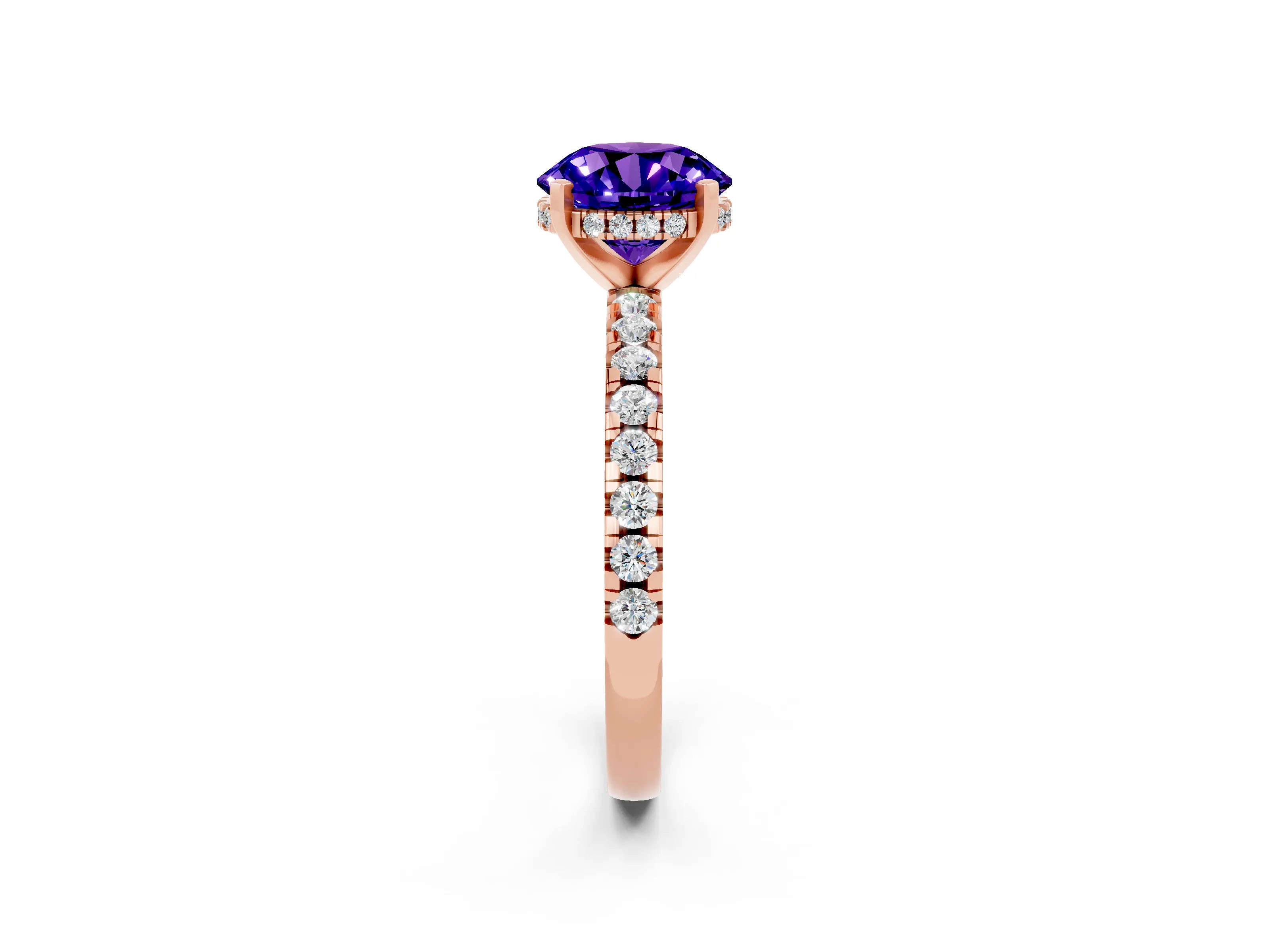 Rose gold Round Cut Tanzanite Solitaire Ring with Pavé Band and Four-Prong Setting_26