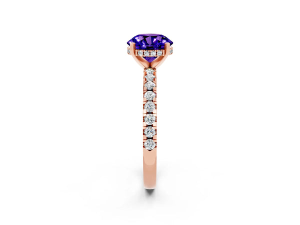 Rose gold Round Cut Tanzanite Solitaire Ring with Round  Pavé Band and Four-Prong Setting