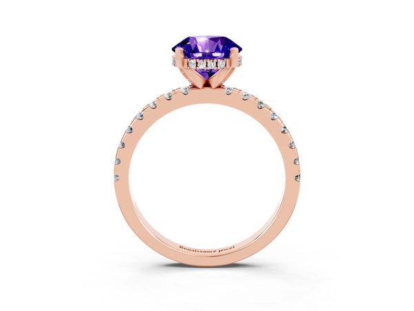 Rose gold Round Cut Tanzanite Solitaire Ring with Round  Pavé Band and Four-Prong Setting