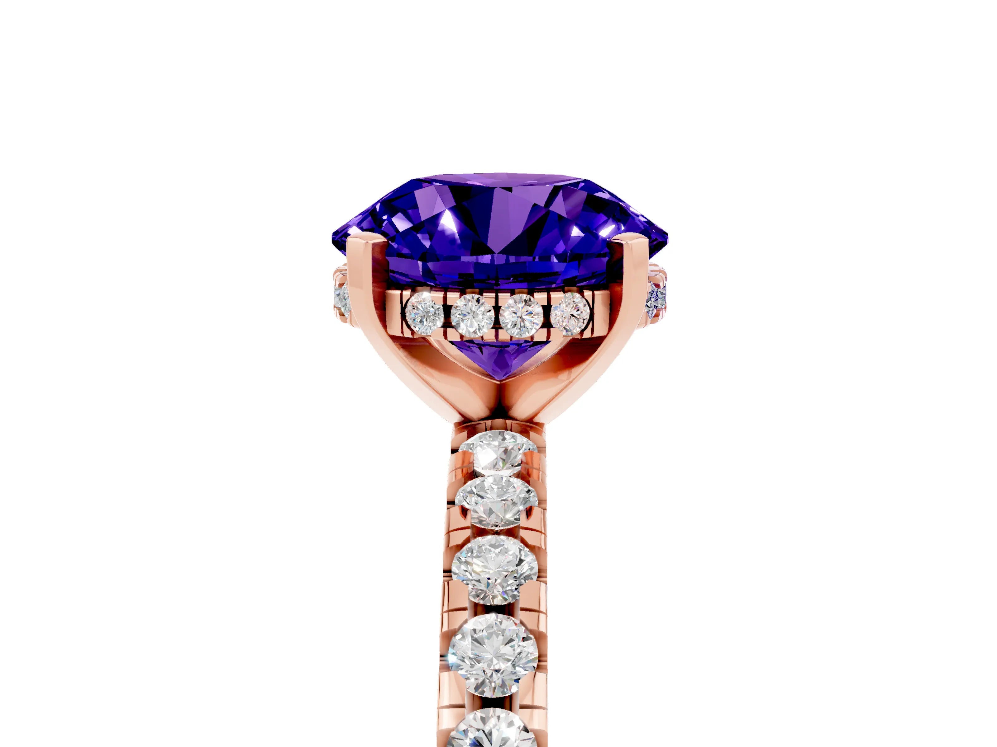 Rose gold Round Cut Tanzanite Solitaire Ring with Pavé Band and Four-Prong Setting_29