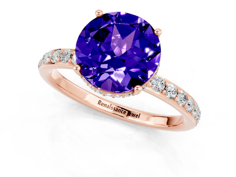 Rose gold Round Cut Tanzanite Solitaire Ring with Pavé Band and Hidden Halo_13