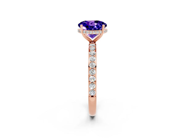 Rose gold Round Cut Tanzanite Solitaire Ring with Pavé Band and Hidden Halo