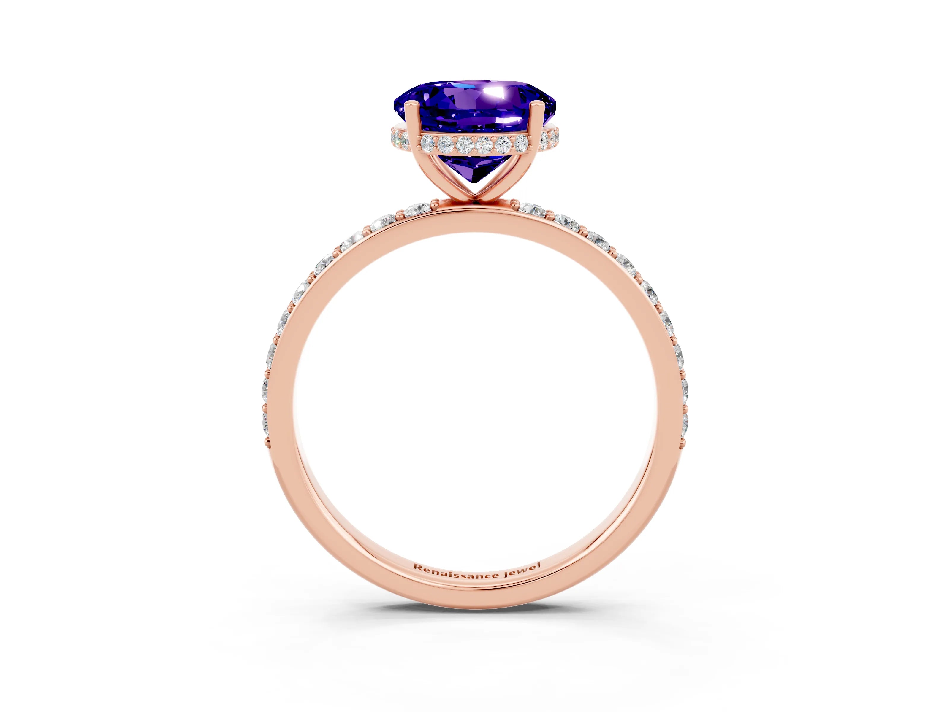 Rose gold Round Cut Tanzanite Solitaire Ring with Pavé Band and Hidden Halo_15