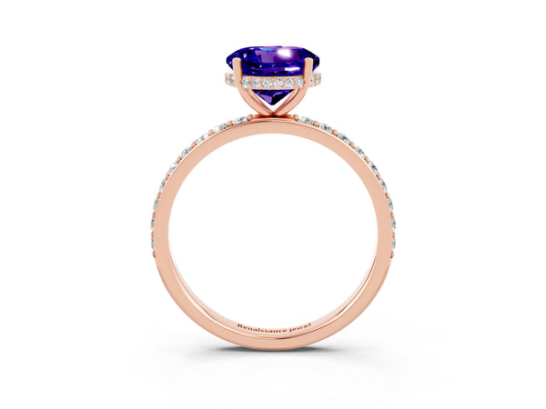 Rose gold Round Cut Tanzanite Solitaire Ring with Pavé Band and Hidden Halo