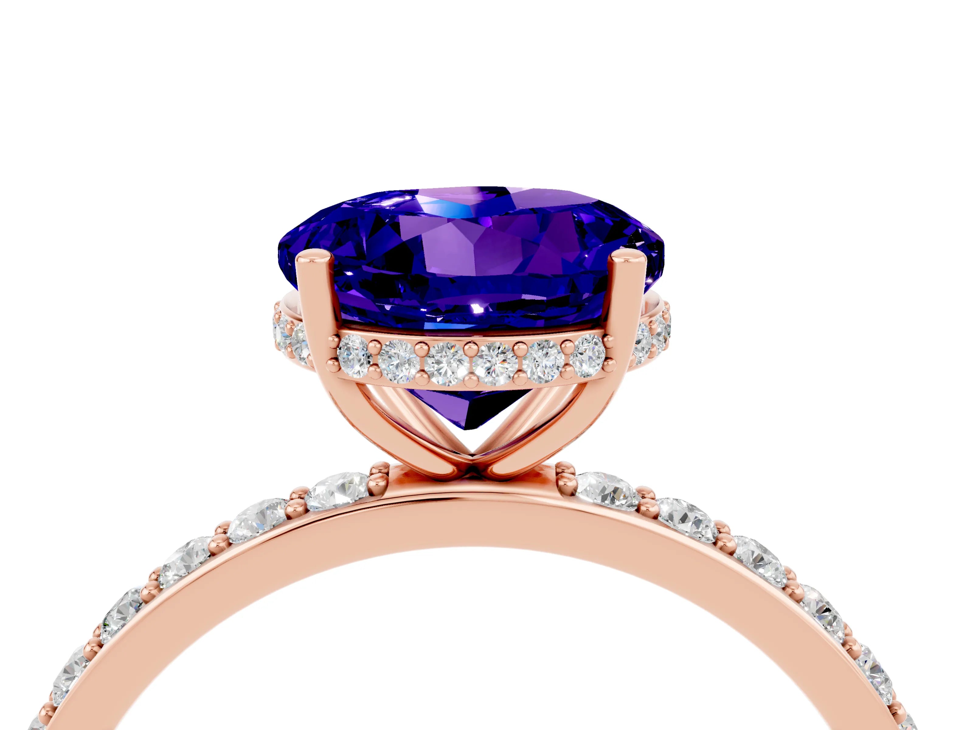 Rose gold Round Cut Tanzanite Solitaire Ring with Pavé Band and Hidden Halo_16