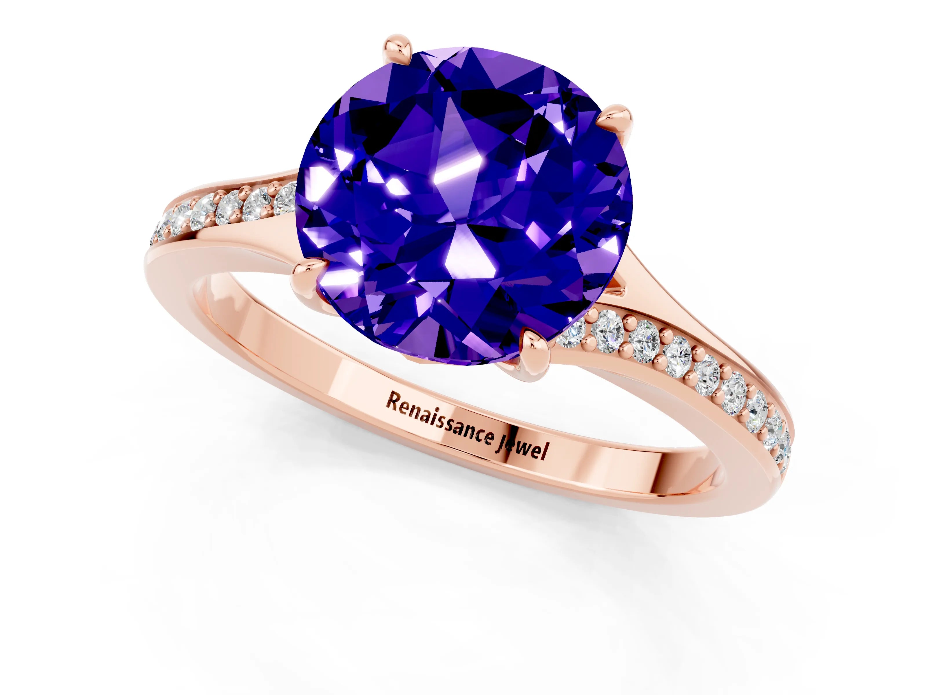 Rose gold Round Cut Tanzanite Solitaire Ring with Pavé Band and Prong Setting_13