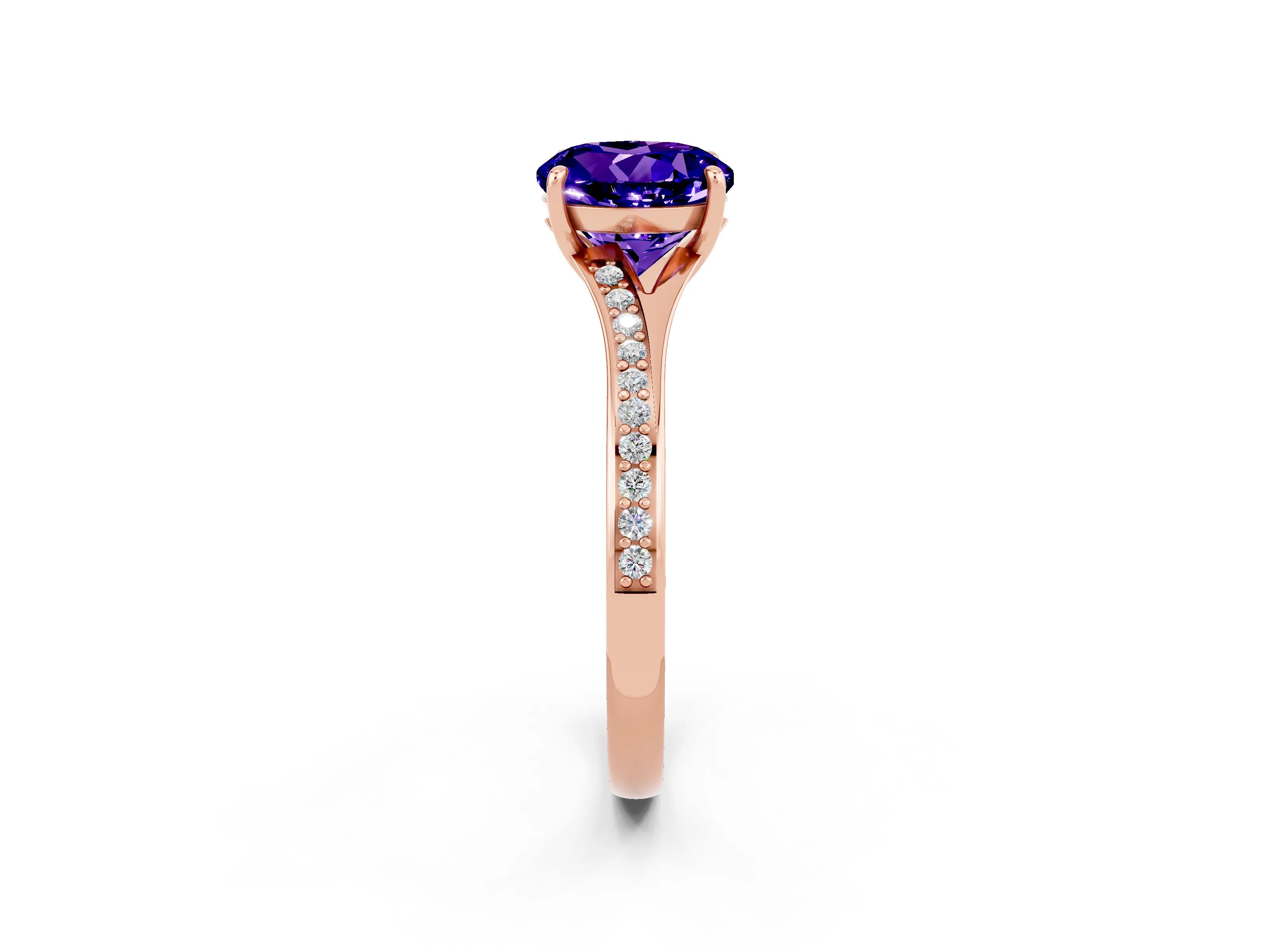 Rose gold Round Cut Tanzanite Solitaire Ring with Pavé Band and Prong Setting_14