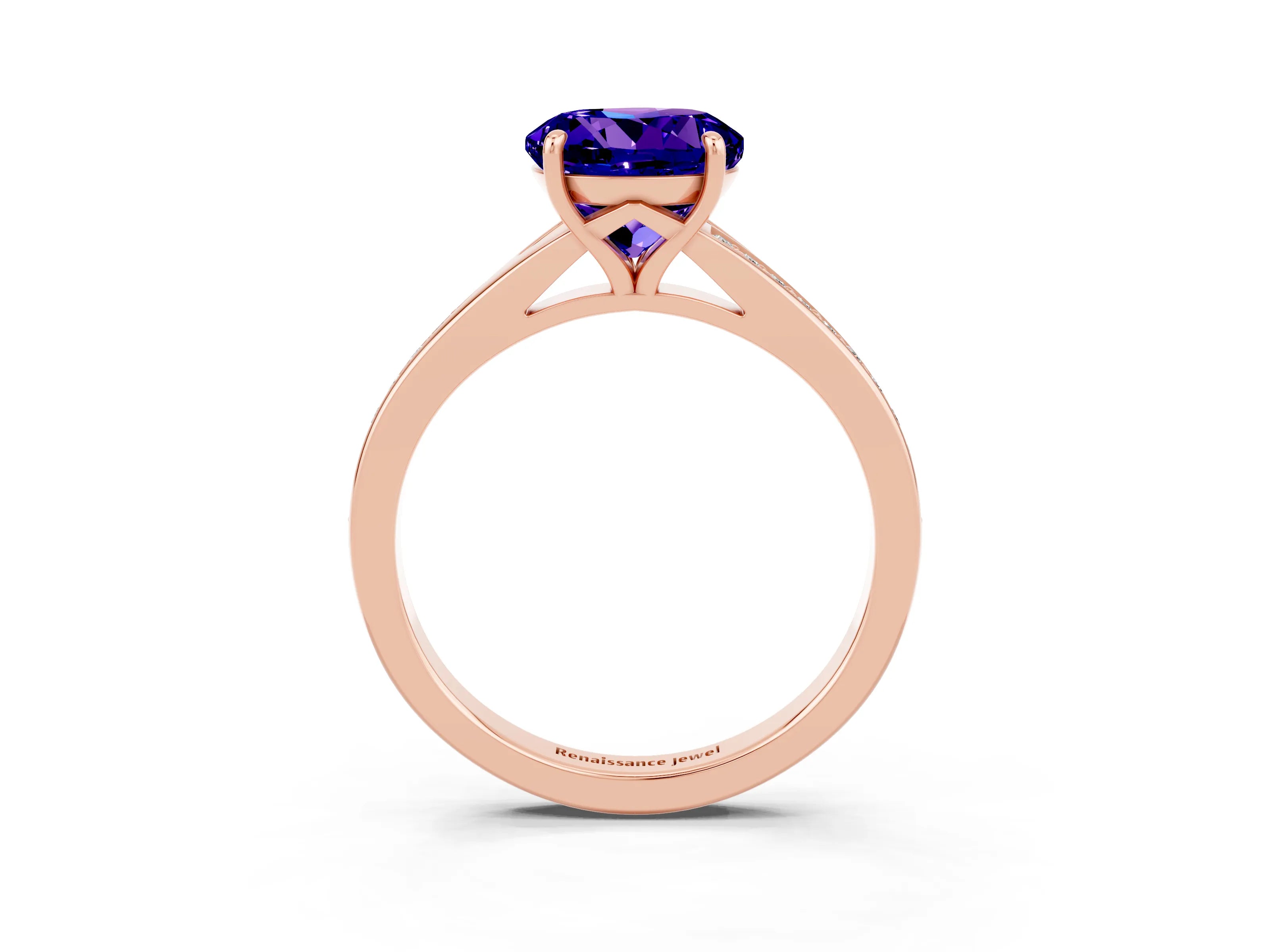 Rose gold Round Cut Tanzanite Solitaire Ring with Pavé Band and Prong Setting_15