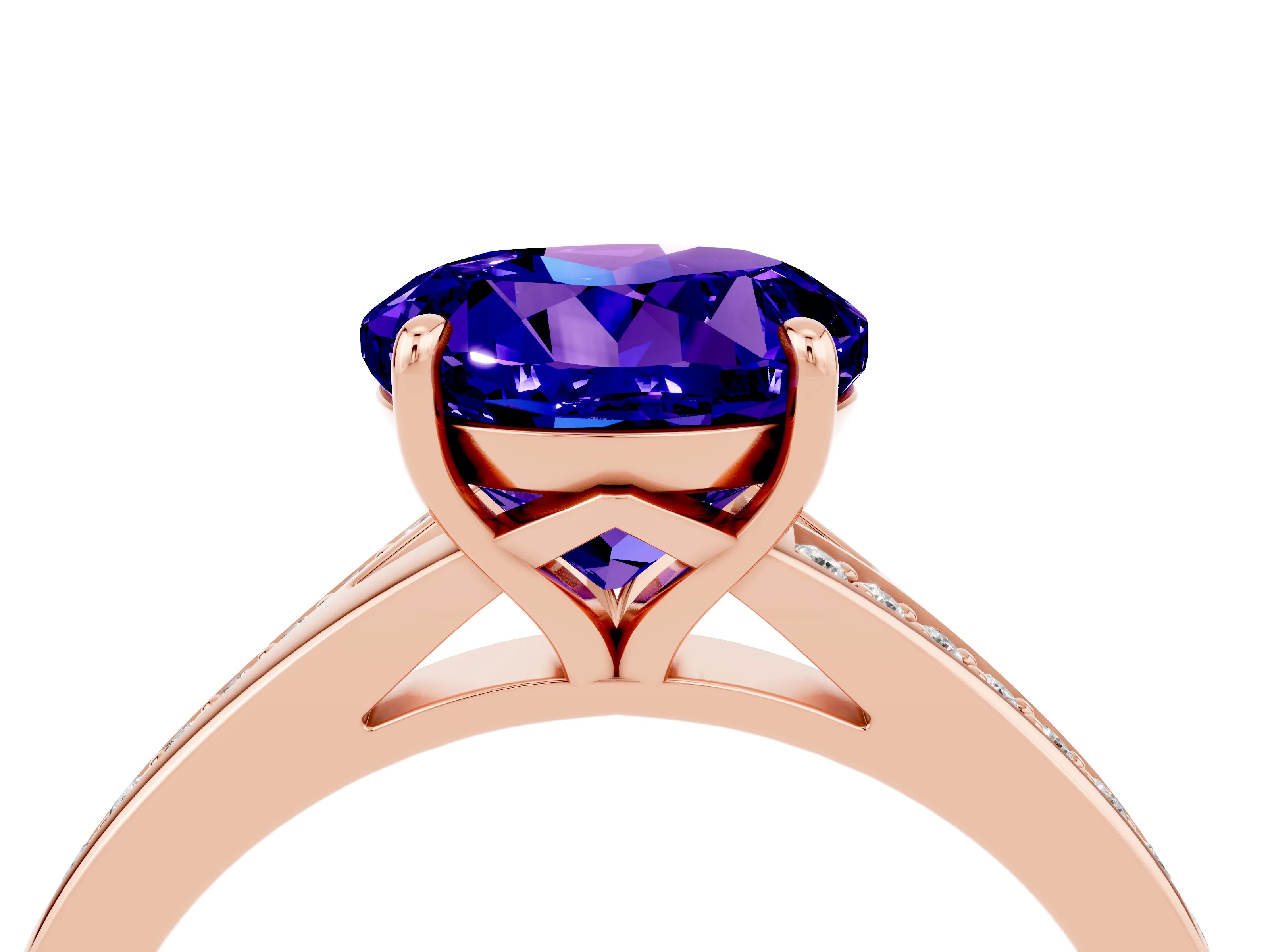 Rose gold Round Cut Tanzanite Solitaire Ring with Pavé Band and Prong Setting_16