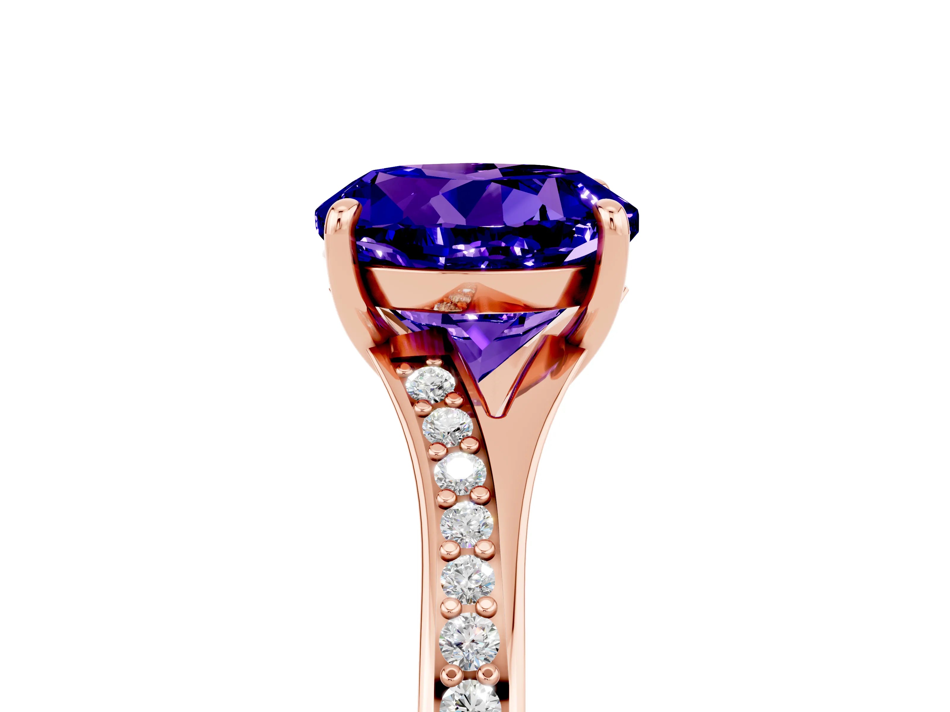 Rose gold Round Cut Tanzanite Solitaire Ring with Pavé Band and Prong Setting_17