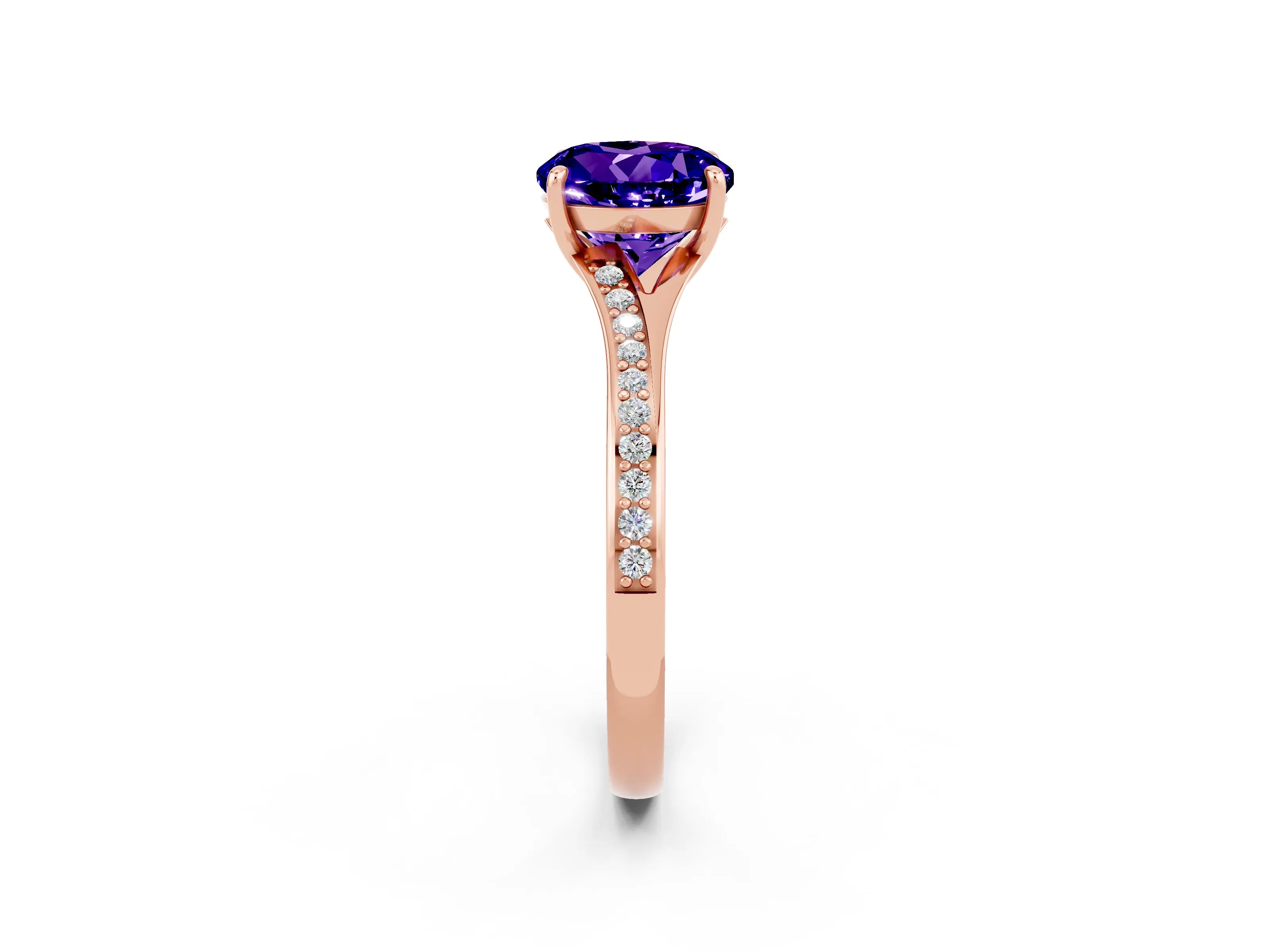 Rose gold Round Cut Tanzanite Solitaire Ring with Pavé Band and Prong Setting_2