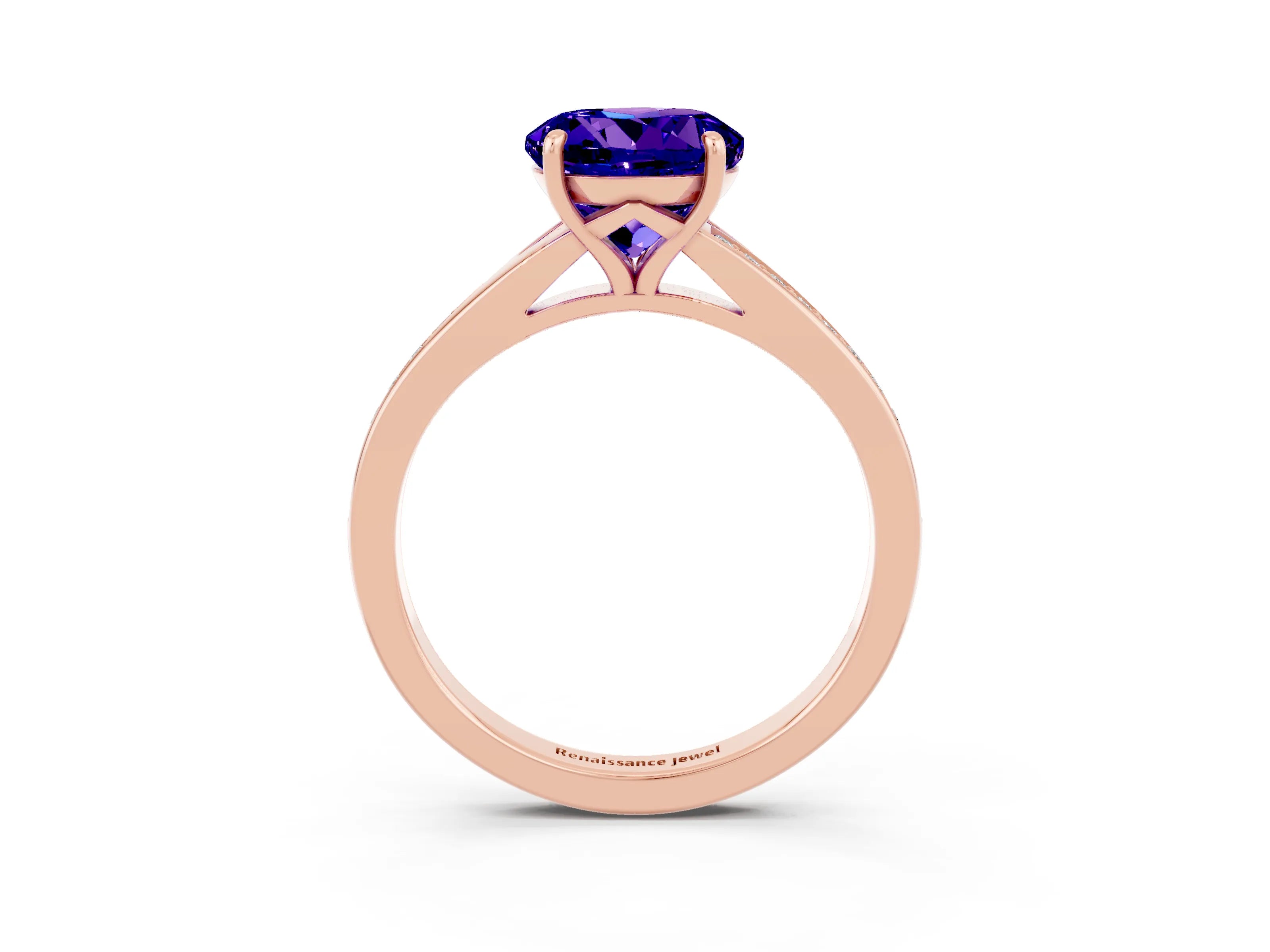 Rose gold Round Cut Tanzanite Solitaire Ring with Pavé Band and Prong Setting_3