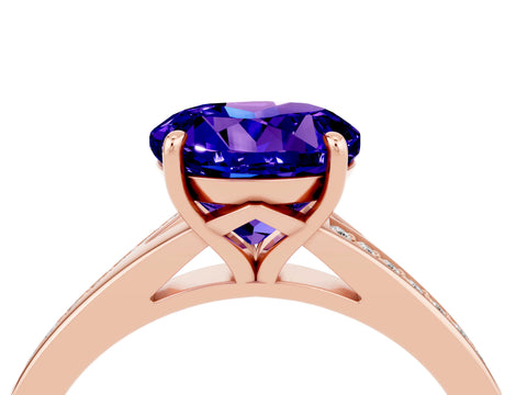 Rose gold Round Cut Tanzanite Solitaire Ring with Pavé Band and Prong Setting_4