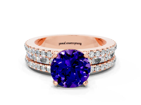 Rose gold Round Cut Tanzanite Solitaire Ring with Pavé and Channel Set Band