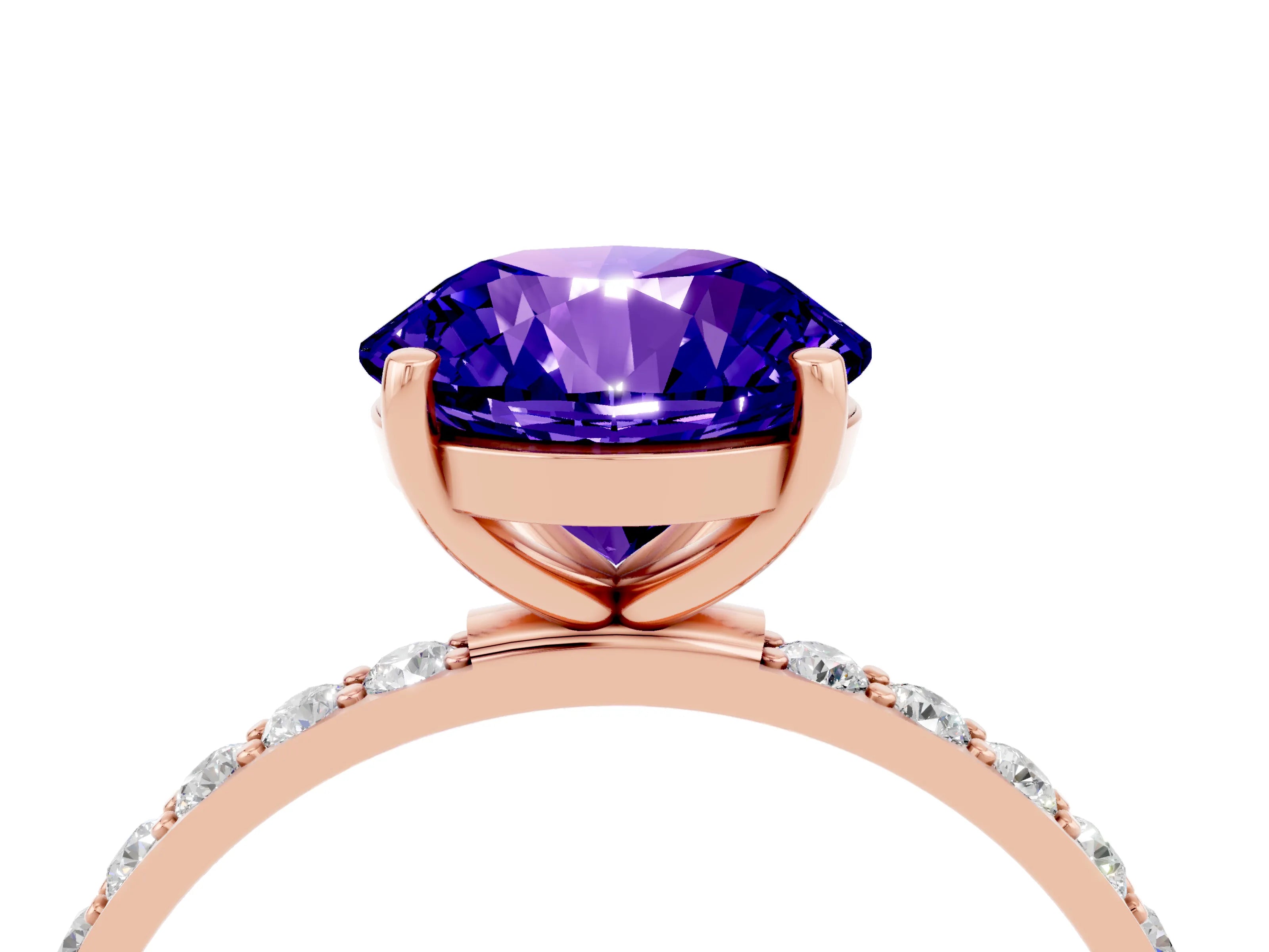 Rose gold Round Cut Tanzanite Solitaire Ring with Pave Band and Four Prong Setting_16