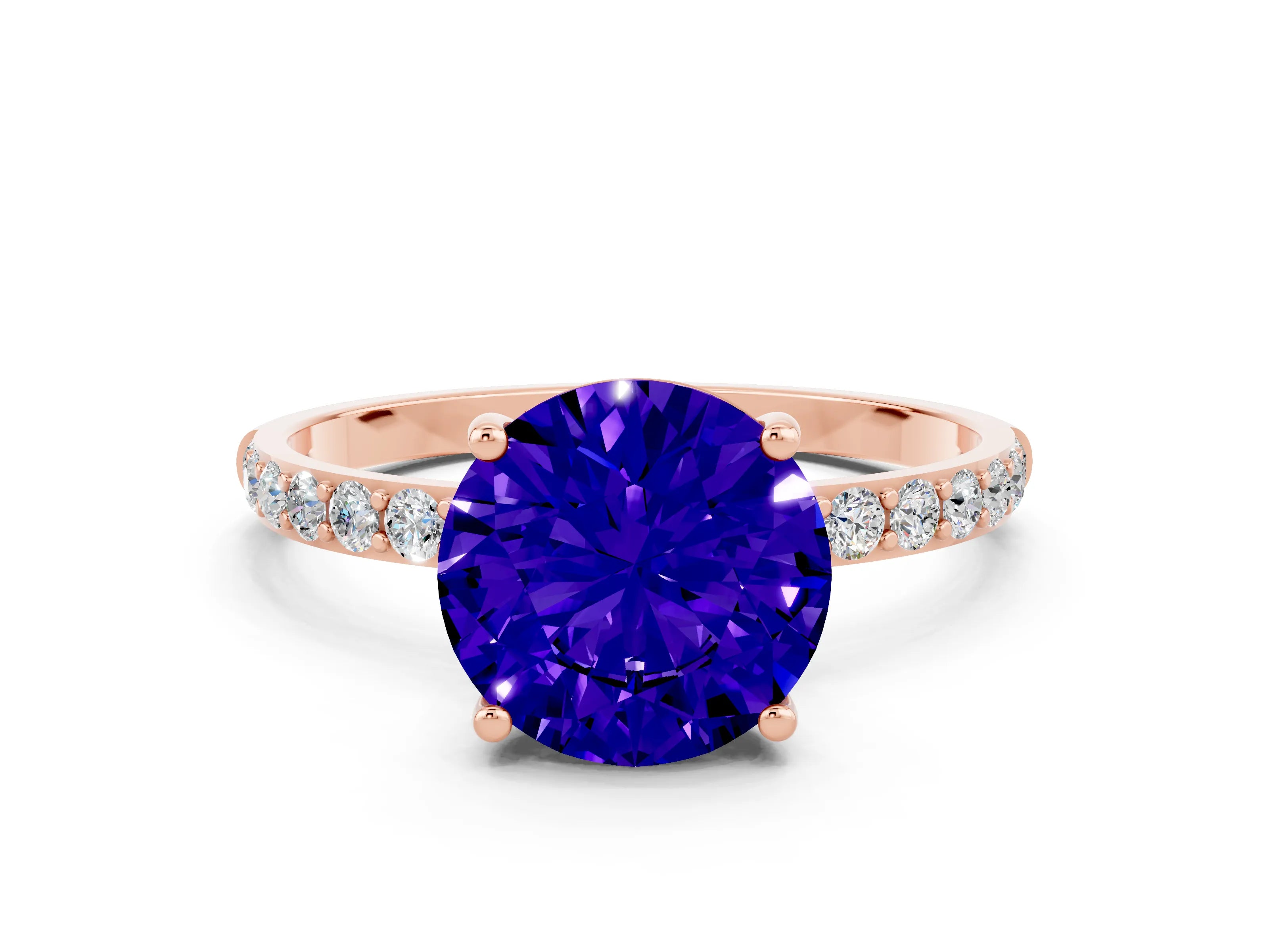 Rose gold Round Cut Tanzanite Solitaire Ring with Pave Band and Four Prong Setting_24