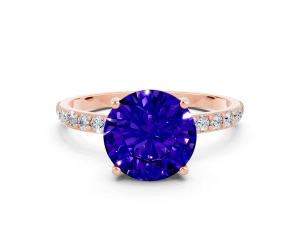 Rose gold Round Cut Tanzanite Solitaire Ring with Round  Pavé Band and Prong Setting