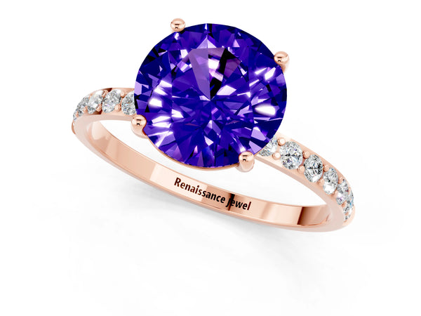 Rose gold Round Cut Tanzanite Solitaire Ring with Round  Pavé Band and Prong Setting