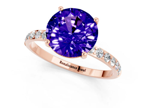 Rose gold Round Cut Tanzanite Solitaire Ring with Pave Band and Four Prong Setting_25