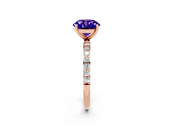 Rose gold Round Cut Tanzanite Solitaire Ring with Round  Pavé Band and Prong Setting
