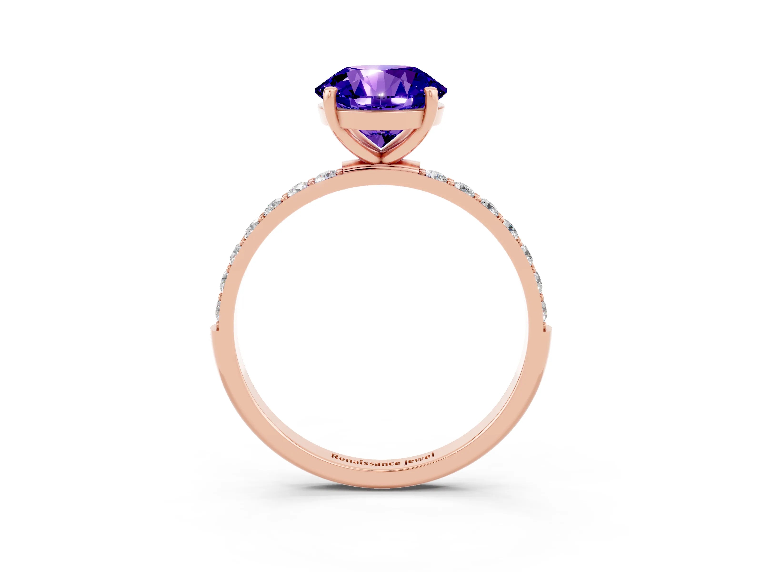 Rose gold Round Cut Tanzanite Solitaire Ring with Pave Band and Four Prong Setting_27