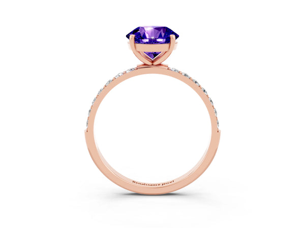 Rose gold Round Cut Tanzanite Solitaire Ring with Round  Pavé Band and Prong Setting