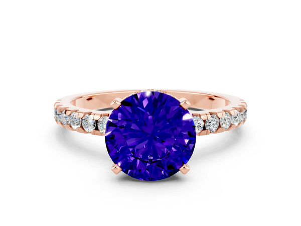 Rose gold Round Cut Tanzanite Solitaire Ring with Round  Pavé Band and Four-Prong Setting