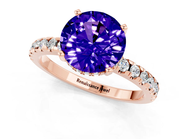 Rose gold Round Cut Tanzanite Solitaire Ring with Round  Pavé Band and Four-Prong Setting