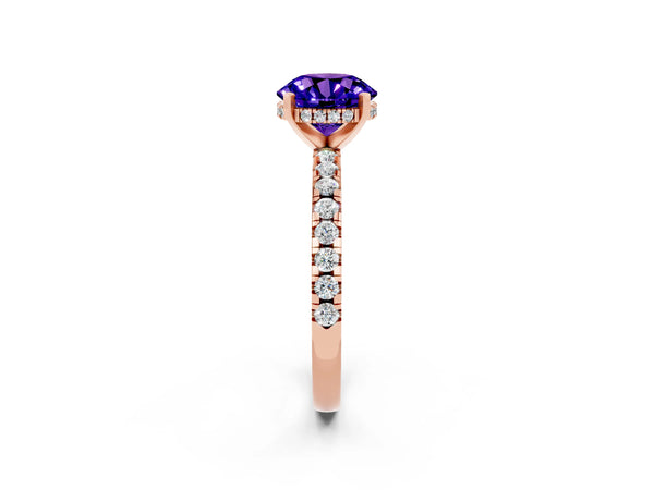 Rose gold Round Cut Tanzanite Solitaire Ring with Round  Pavé Band and Four-Prong Setting