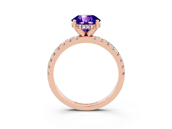 Rose gold Round Cut Tanzanite Solitaire Ring with Round  Pavé Band and Four-Prong Setting
