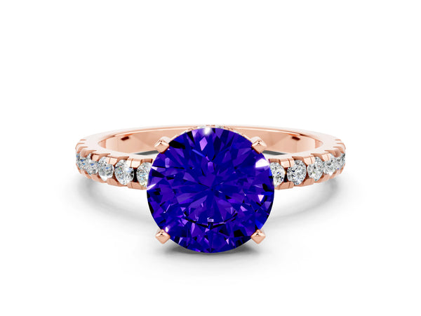 Rose gold Round Cut Tanzanite Solitaire Ring with Round Pavé Band and Four-Prong Setting