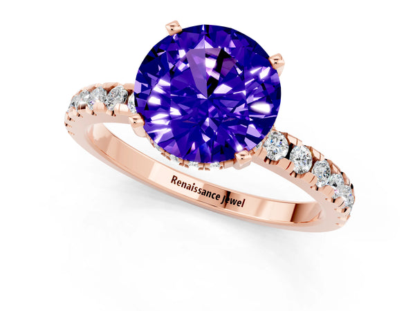 Rose gold Round Cut Tanzanite Solitaire Ring with Round Pavé Band and Four-Prong Setting