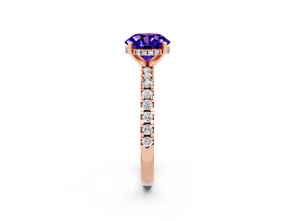 Rose gold Round Cut Tanzanite Solitaire Ring with Round Pavé Band and Four-Prong Setting