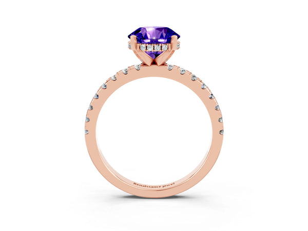 Rose gold Round Cut Tanzanite Solitaire Ring with Round Pavé Band and Four-Prong Setting