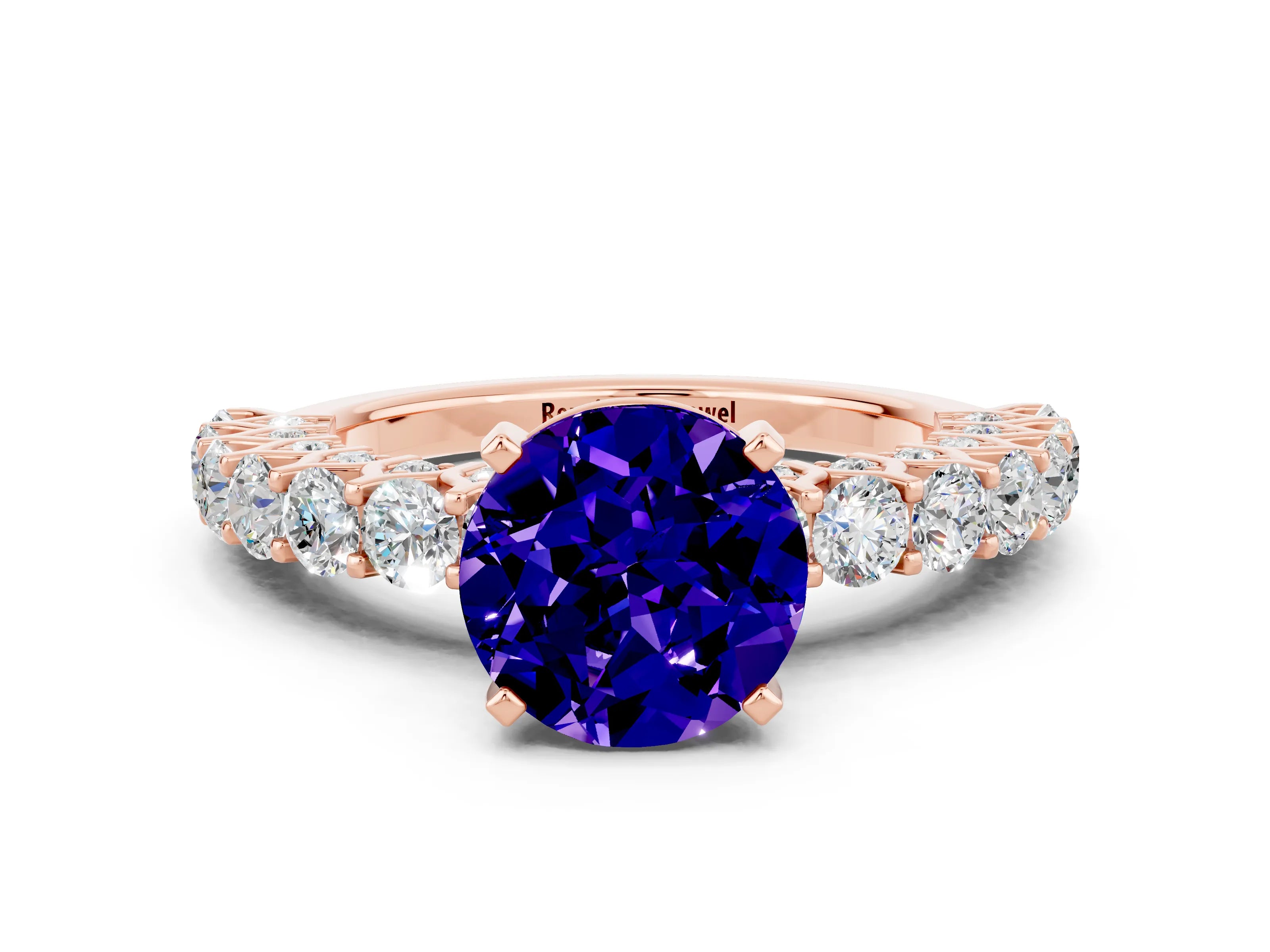 Rose gold Round Cut Tanzanite Solitaire Ring with Shared Prong Pavé Band and Four-Prong Setting