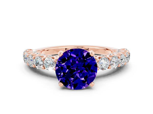 Rose gold Round Cut Tanzanite Solitaire Ring with Shared Prong Pavé Band and Four-Prong Setting