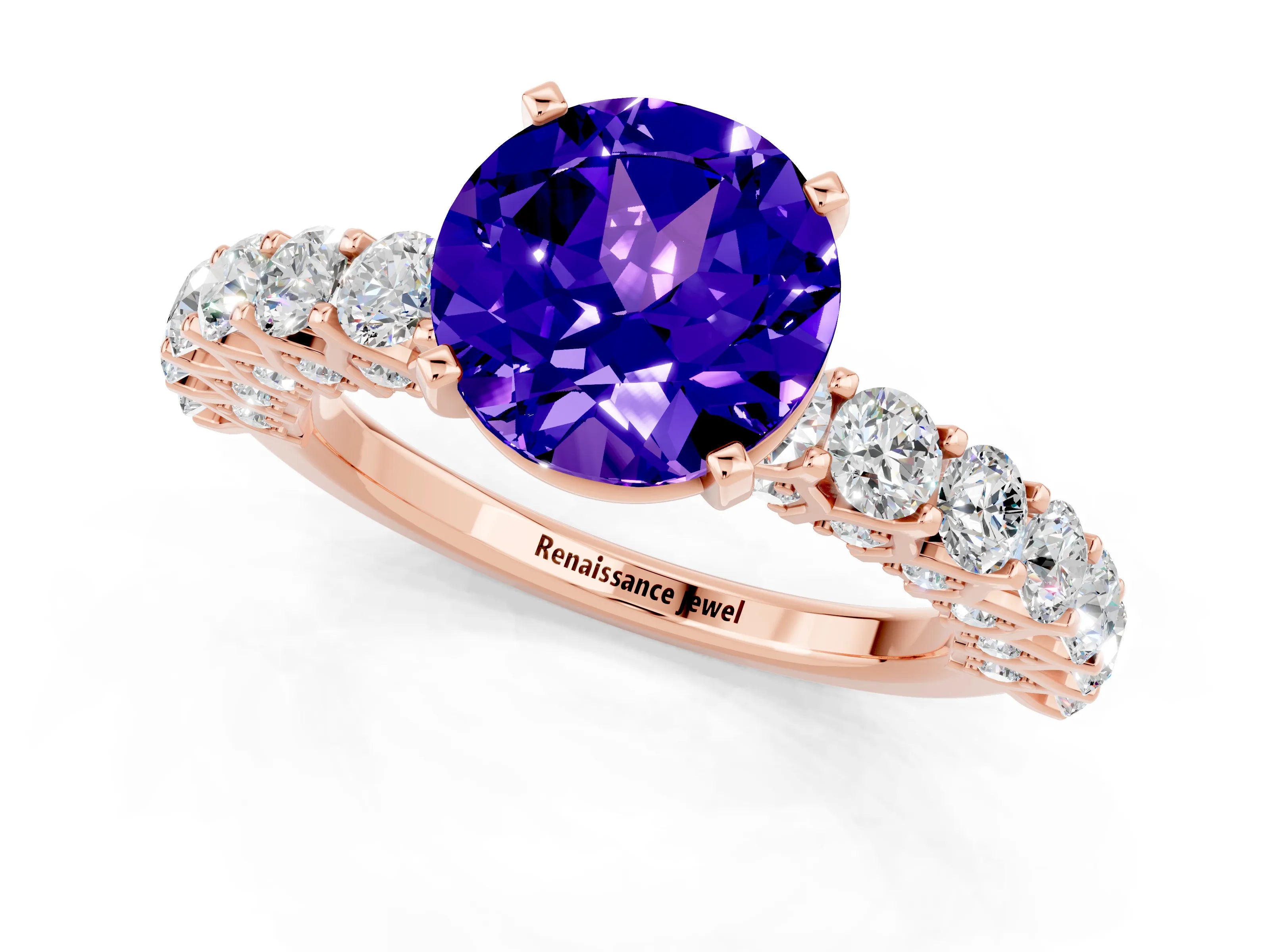 Rose gold Round Cut Tanzanite Solitaire Ring with Shared Prong Pavé Band and Four-Prong Setting_1