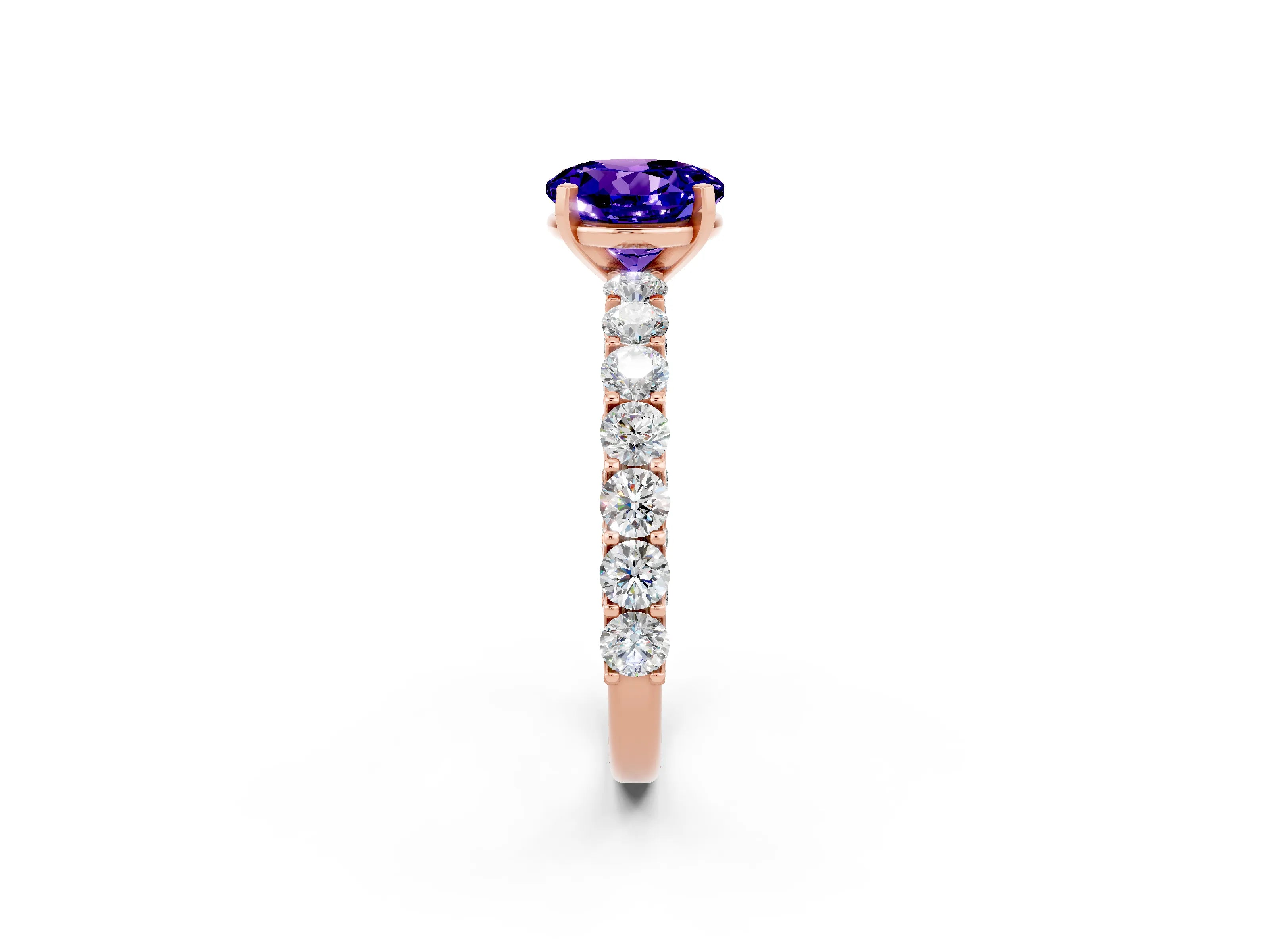 Rose gold Round Cut Tanzanite Solitaire Ring with Shared Prong Pavé Band and Four-Prong Setting_2