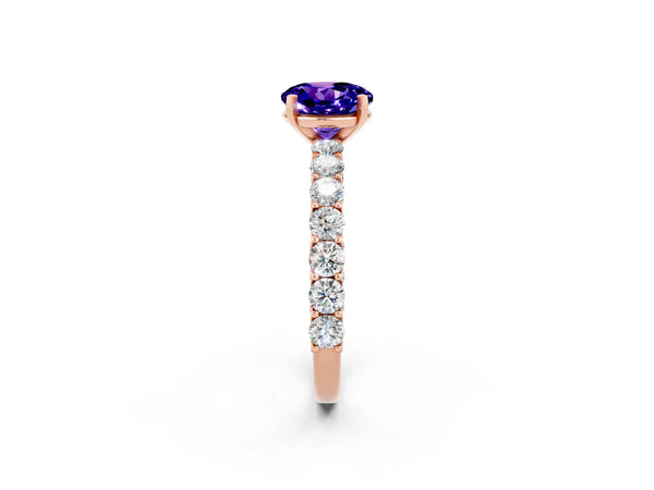 Rose gold Round Cut Tanzanite Solitaire Ring with Shared Prong Pavé Band and Four-Prong Setting